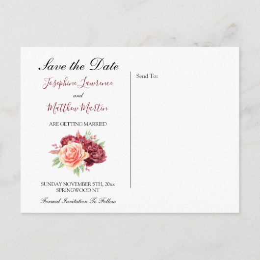 ブルガンディ桃バラフローラウェディングデートを保存 案内ポストカード (裏面)