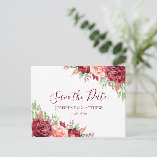 ブルガンディ桃バラフローラウェディングデートを保存 案内ポストカード (スタンド正面)