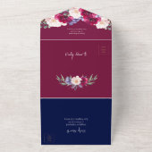 ブルガンディ海軍赤面モダン開花ヴィンテージウェディング オールインワン招待状 (外側)