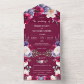 ブルガンディ海軍赤面モダン開花ヴィンテージウェディング オールインワン招待状 (内側)