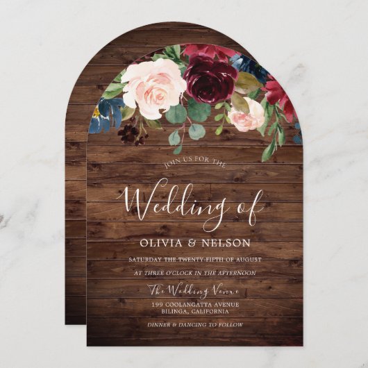 ブルガンディ素朴メロフローラ結婚アーチズ 招待状 (正面/裏面)