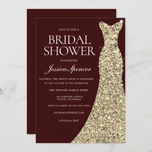 ブルガンディ結婚ゴールデンブライダルシャワー招待状 招待状 (正面/裏面)