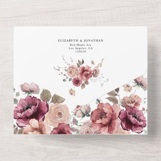 ブルガンディ結婚ラセットフローラ詳細QR RSVP オールインワン招待状 (裏面)