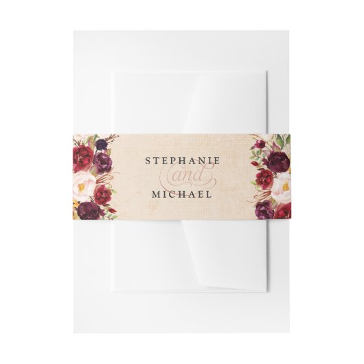 ブルガンディ赤フローラ素朴ボホバーラップ結婚ズ 招待状ベリーバンド (正面例)