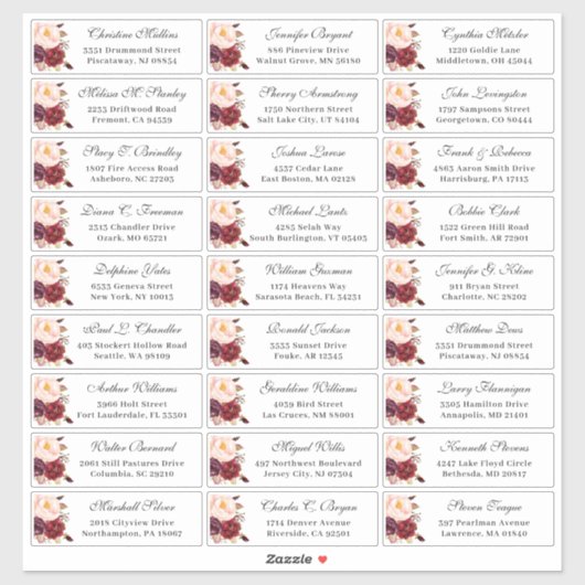 ブルガンディ赤フローラ結婚ズゲストアドレス シール (シート)