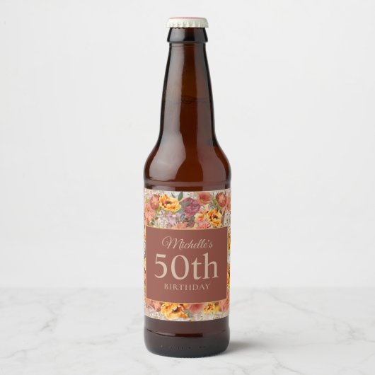 ブルガンディ オレンジ クリーム 花柄 誕生日 名前 年齢 ビールラベル (正面)
