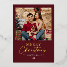 ブルガンディ ゴールドフォイル メリークリスマス 家族写真