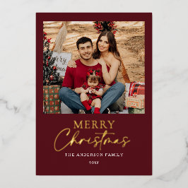 ブルガンディ ゴールドフォイル メリークリスマス 家族写真 箔シーズンカード