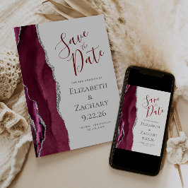 ブルガンディ シルバー ライトグレー 写真付き結婚式日程事前通知 招待状
