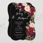 ブルガンディ・マルサラ結婚フローラの2ブラック 招待状 (正面/裏面)