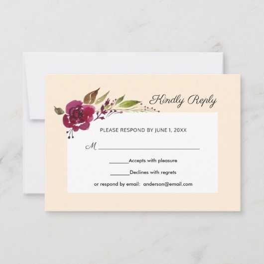 ブルガンディ・マースカラフラワーの結婚式RSVP 出欠カード (正面)