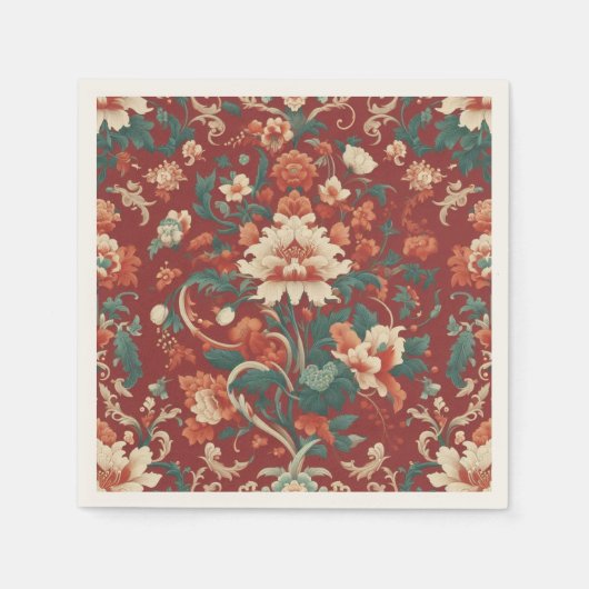 ブルガンディChinoiserieアンティークフローラヴィンテージ夏 スタンダードカクテルナプキン (正面)
