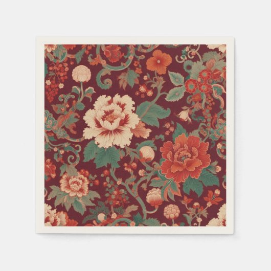 ブルガンディChinoiserieアンティークフローラヴィンテージ夏 スタンダードカクテルナプキン (正面)