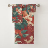 ブルガンディChinoiserieアンティーク水の色の花模様& バスタオルセット (インサイチュ)