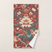 ブルガンディChinoiserieアンティーク水の色の花模様& バスタオルセット (ハンドタオル)