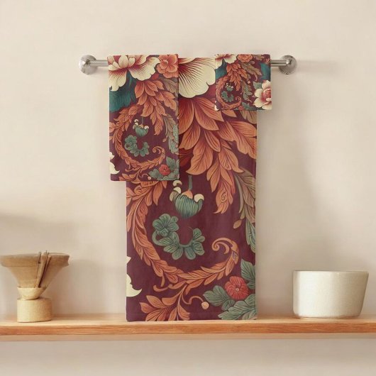 ブルガンディChinoiserieアンティーク水の色の花模様& バスタオルセット