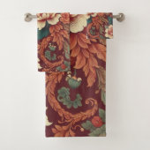 ブルガンディChinoiserieアンティーク水の色の花模様& バスタオルセット (インサイチュ)