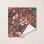 ブルガンディChinoiserieアンティーク水の色の花模様& バスタオルセット (ウォッシュタオル)