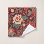 ブルガンディChinoiserieアンティーク水の色の花模様& バスタオルセット (ウォッシュタオル)