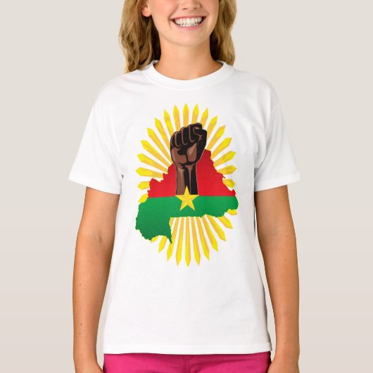 ブルキナファソの地図、国旗と革命拳 Tシャツ (正面)