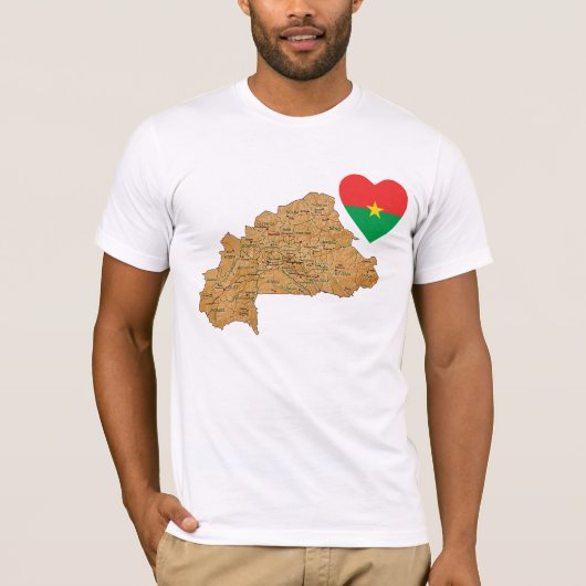 ブルキナファソ国旗のハートと地図Tシャツ Tシャツ (正面)