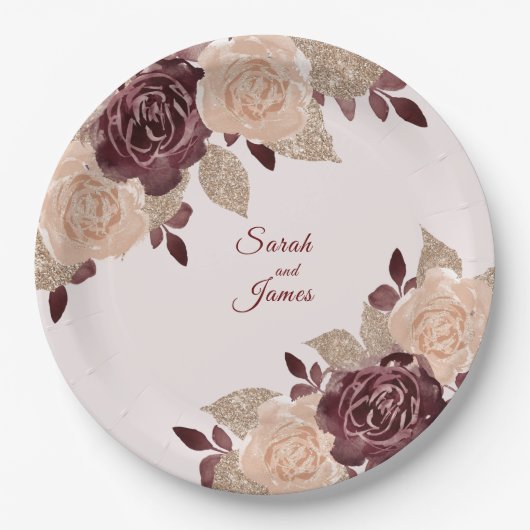ブルグエレガントンディバラ金ゴールドグリッターフローラ結婚 ペーパープレート (正面)