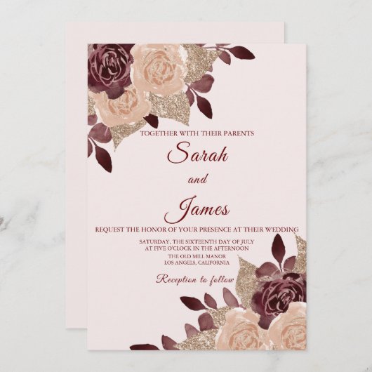 ブルグエレガントンディバラ金ゴールドグリッターフローラ結婚 招待状 (正面/裏面)