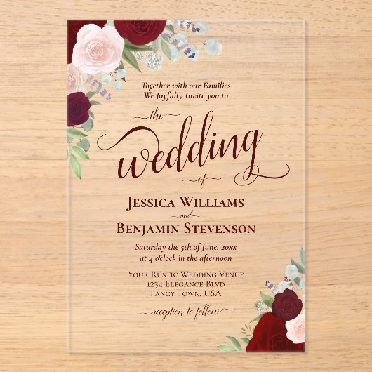 ブルグンエレガントディ&赤面ボホバラファンシーズ結婚 アクリル招待状 (正面)