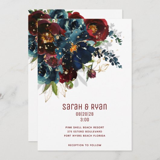 ブルグンディきらめくネイビー結婚式招待状 案内状 (正面/裏面)