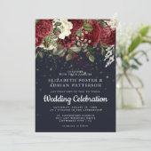 ブルグンディエレガントとホワイトフローラ | ネイビー結婚ズ 招待状 (スタンド正面)