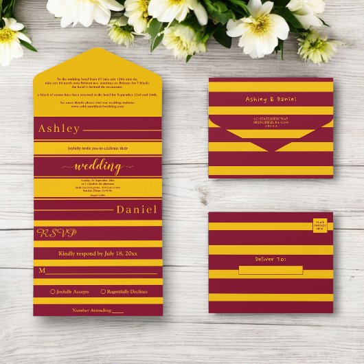 ブルグンディエレガントと金ゴールドストライプズラグジュアリー結婚ズ オールインワン招待状