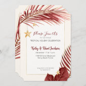 ブルグンディエレガントと金ゴールドトロピカルホリデーパーティー 招待状 (正面/裏面)