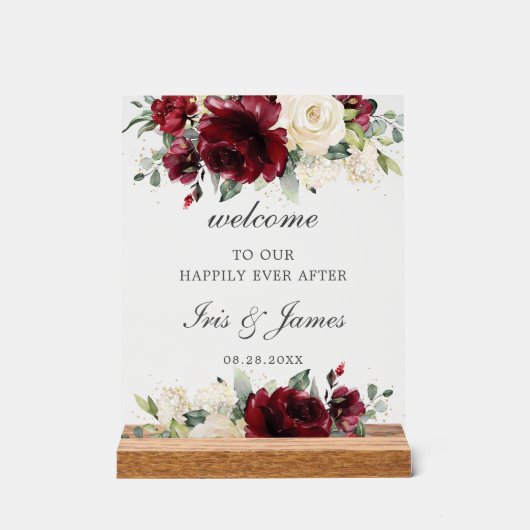 ブルグンディエレガントアイボリーフローラ結婚ズ・ウェルカム アクリルサイン (正面)