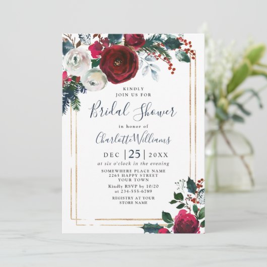 ブルグンディエレガントウィンターバラフローラブライダルシャワー 招待状 (スタンド正面)