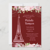 ブルグンディエレガントエッフェルタワーパリ誕生日 招待状 (正面)