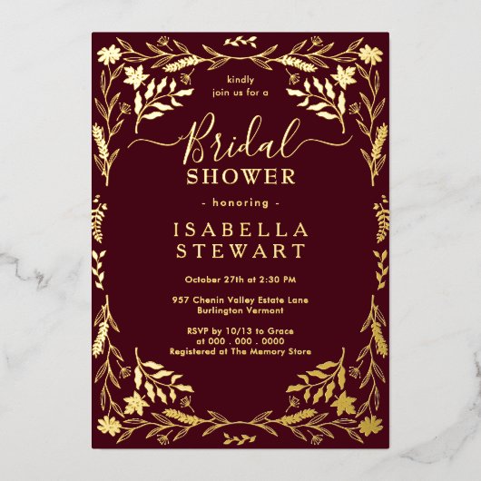 ブルグンディエレガントシックボホブライダルシャワー 箔招待状 (正面)