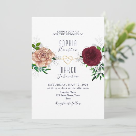 ブルグンディエレガントネイビーフローラ招待状 招待状 (スタンド正面)