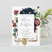 ブルグンディエレガントネイビーブルーフローラ庭園の結婚式 招待状 (スタンド正面)