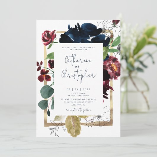 ブルグンディエレガントネイビーブルーフローラ庭園の結婚式 招待状 (スタンド正面)