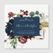 ブルグンディエレガントネイビーブルーフローラ庭園の結婚式S マグネット招待状 (正面)