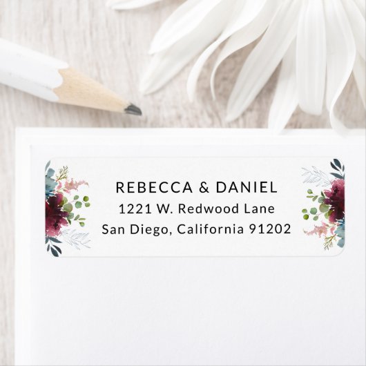 ブルグンディエレガントネイビー花模様差出人住所ラベル ラベル (インサイチュ)