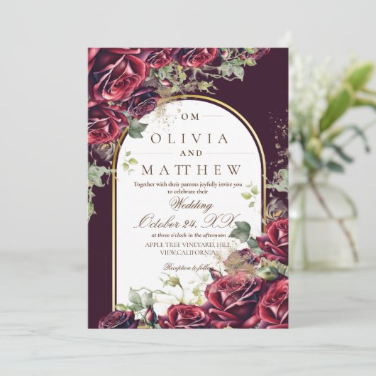 ブルグンディエレガントバラと金ゴールド花模様結婚ズ 招待状 (スタンド正面)