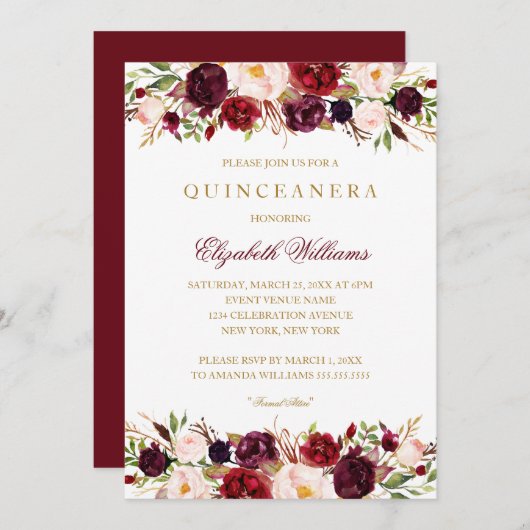 ブルグンディエレガントバラキンセアニェラ招待状 招待状 (正面/裏面)