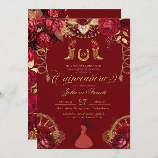 ブルグンディエレガントバラレッド金ゴールドシャロキンセアニェラ 招待状 (正面/裏面)