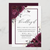 ブルグンディエレガントバラ秋秋結婚の 招待状 (正面/裏面)