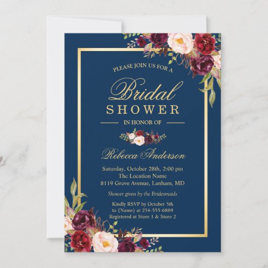 ブルグンディエレガントフローラネイビーブルーブライダルシャワー 招待状 (正面)