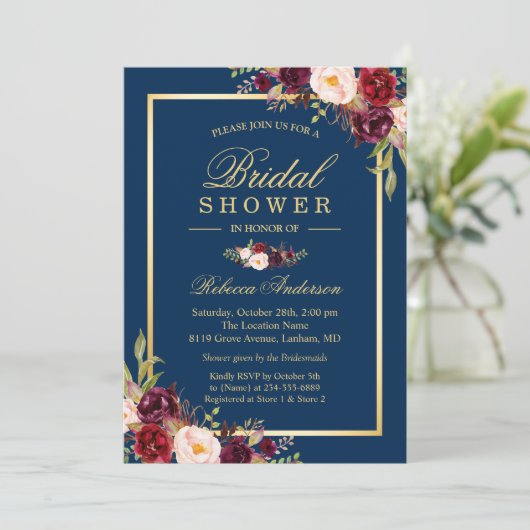 ブルグンディエレガントフローラネイビーブルーブライダルシャワー 招待状 (スタンド正面)