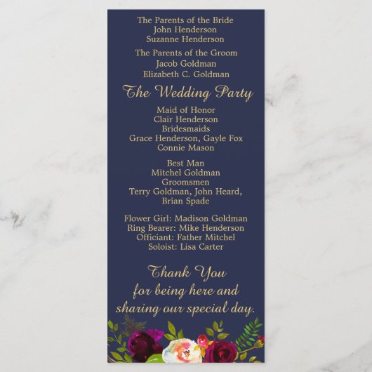 ブルグンディエレガントフローラネイビーブルー金ゴールドズ結婚 プログラム (裏面)