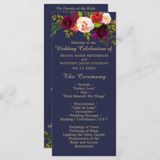 ブルグンディエレガントフローラネイビーブルー金ゴールドズ結婚 プログラム (正面/裏面)