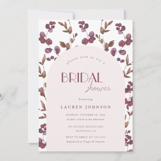 ブルグンディエレガントフローラブライダルシャワー 招待状 (正面)